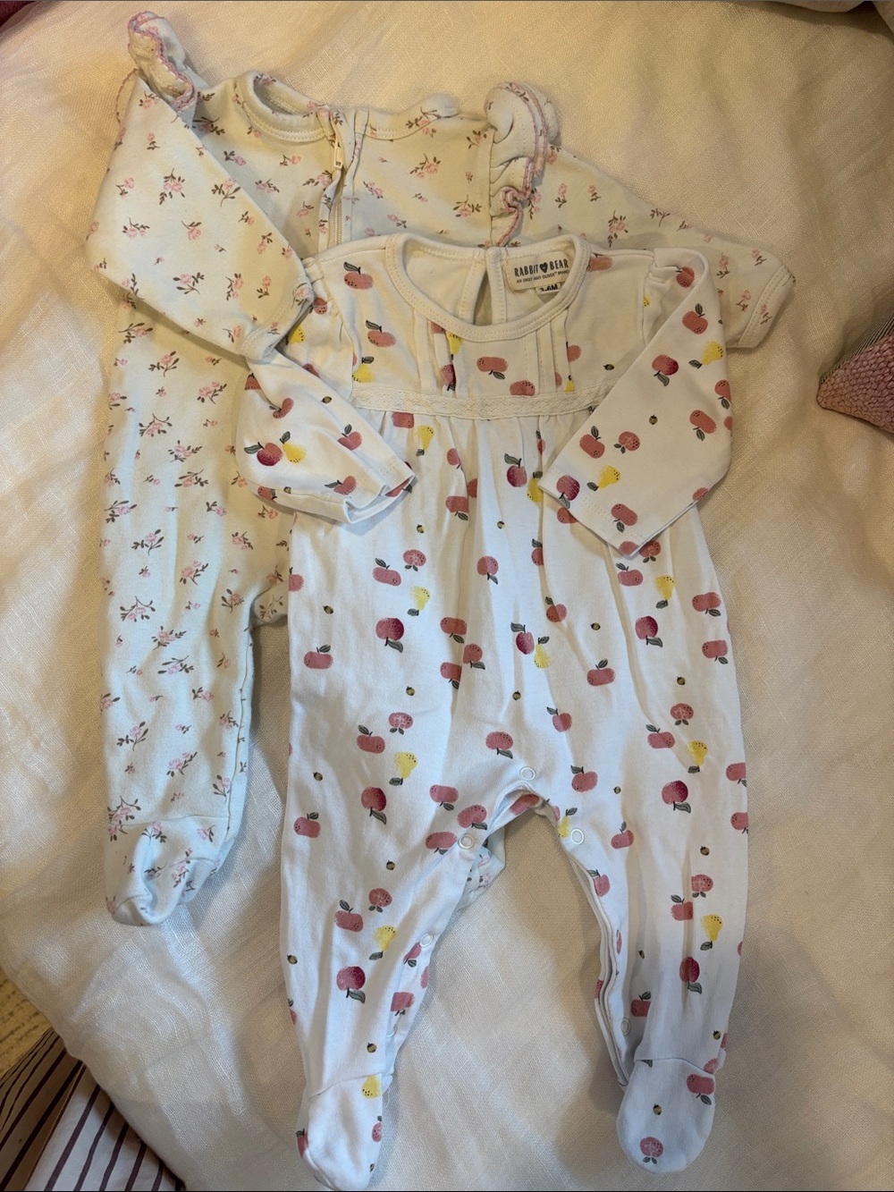 Baby Footed One-Piece with Peach & Floral Prints - Neutral White/Cream
